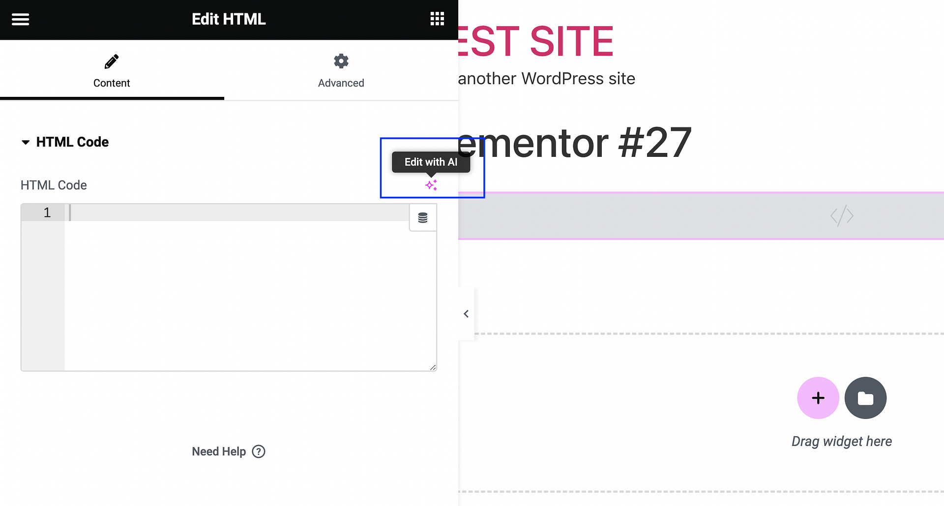 Opening Elementor AI in the HTML widget.