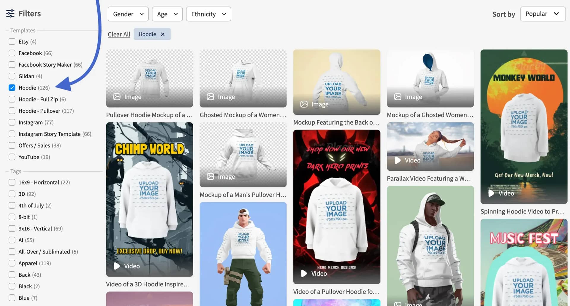 Using a product type filter to get mockups.