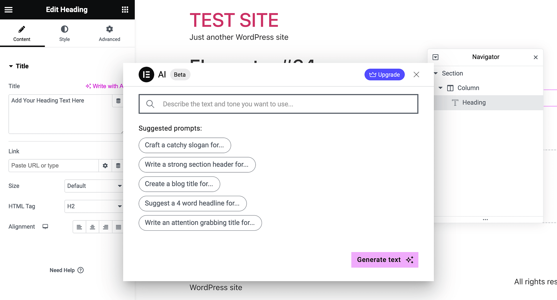 Suggested prompts from Elementor AI.