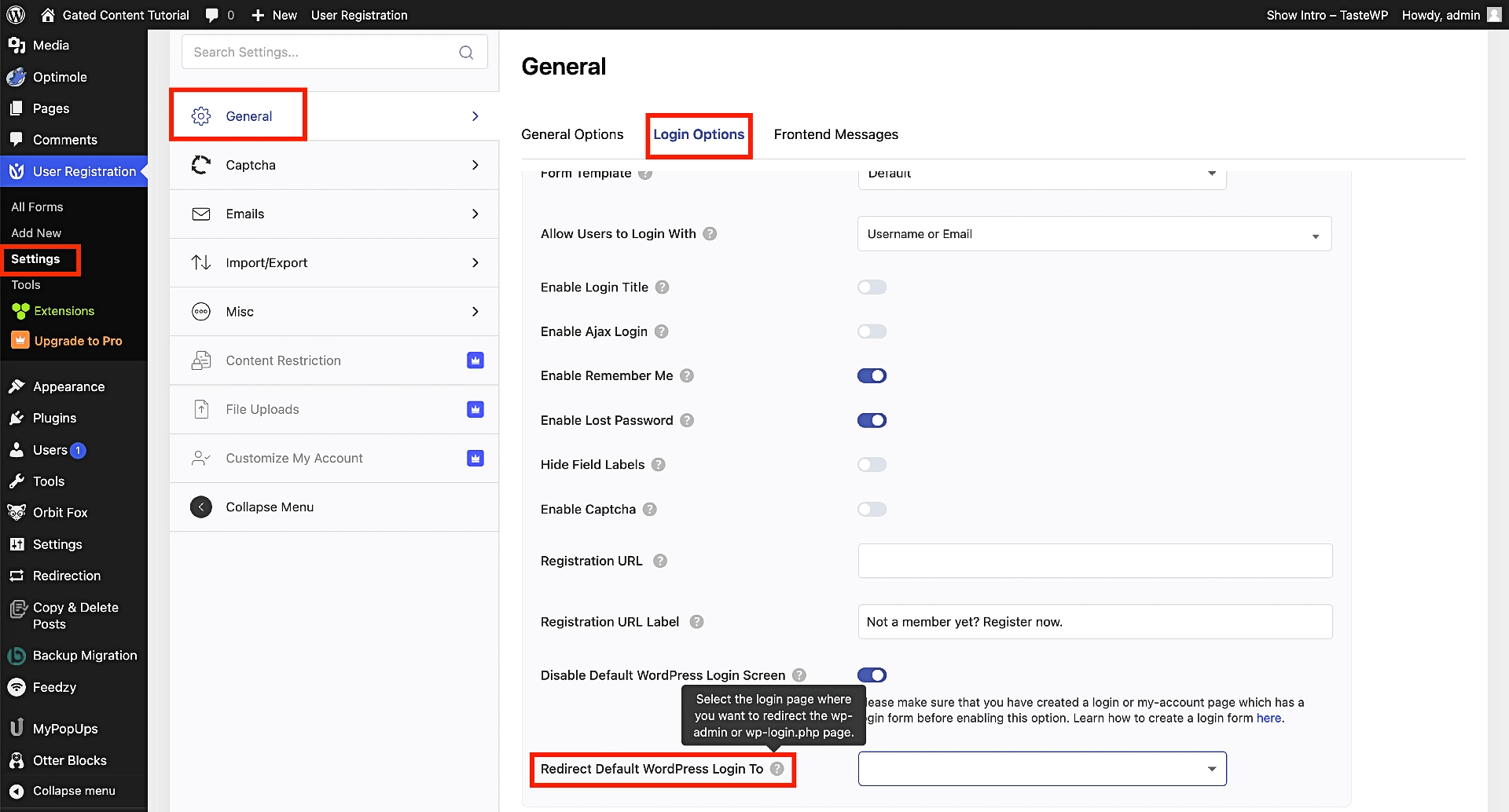 Setting up a redirect from the default wp-admin user login page.