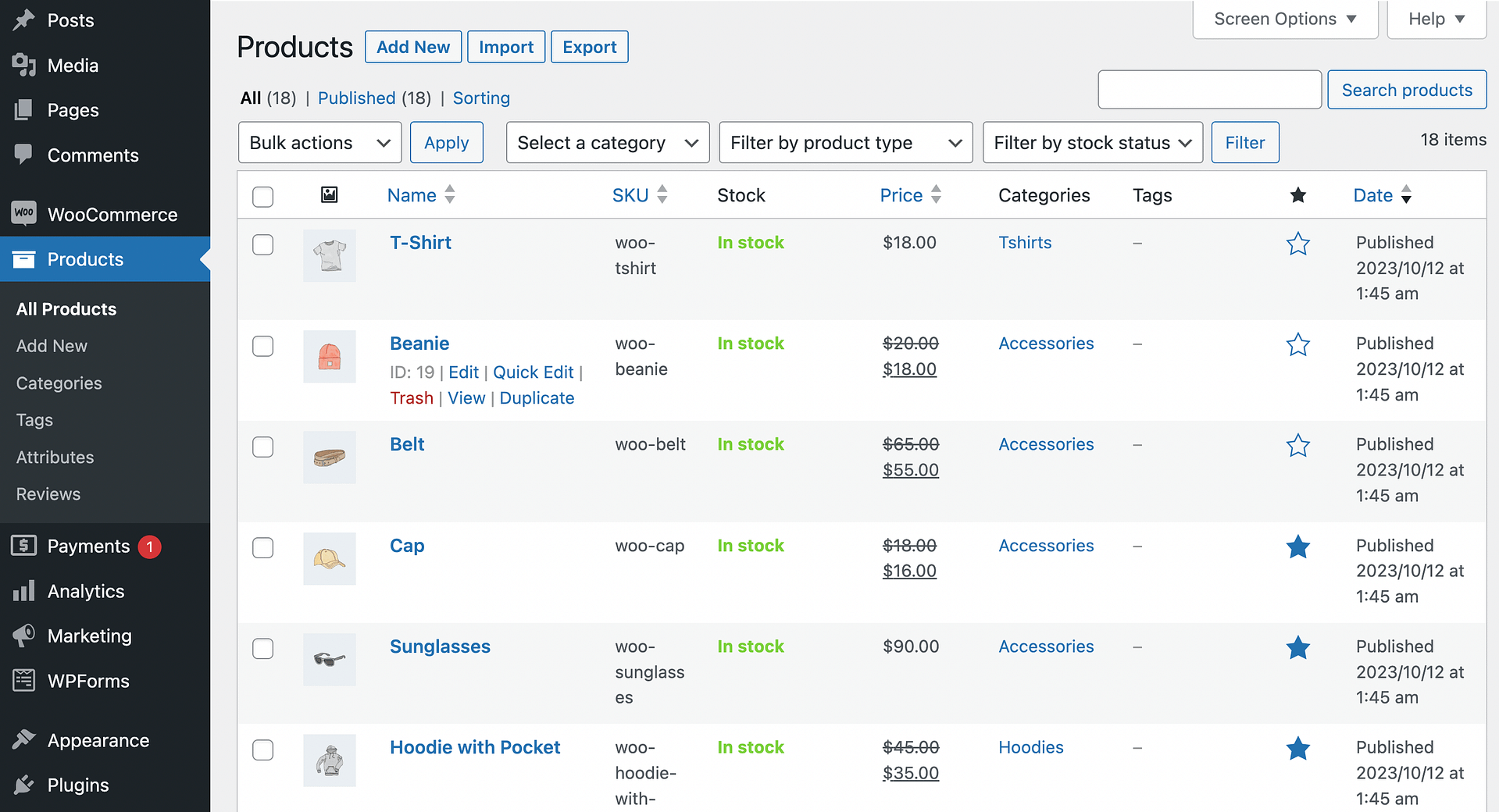 Product list on the back end of WooCommerce.