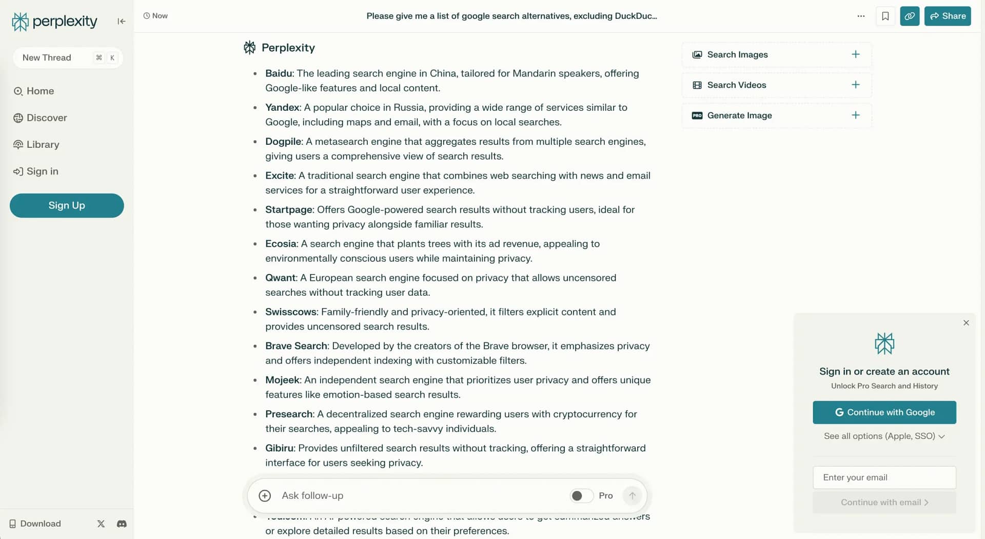 Perplexity search results for "Google Search alternatives" search query.