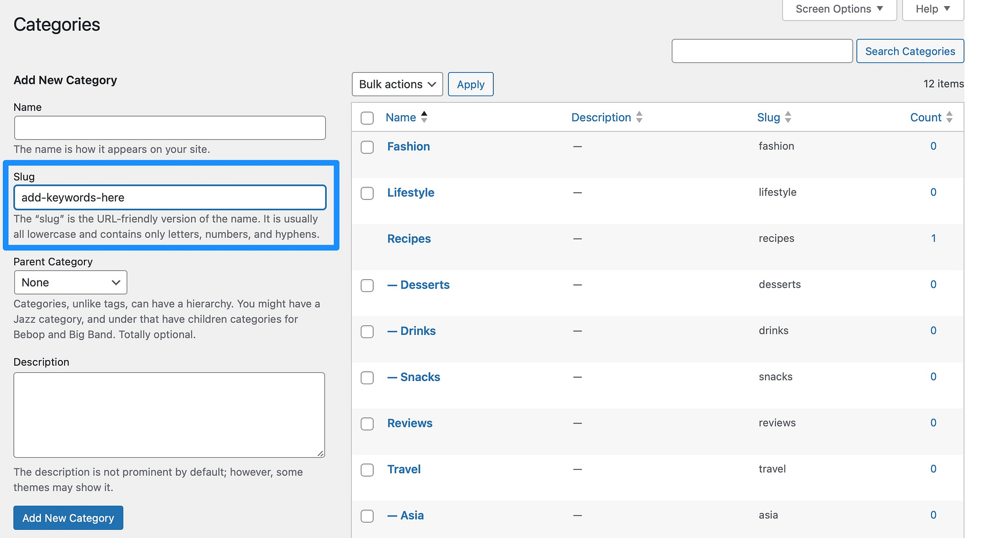 How to optimize categories in WordPress via the dashboard.