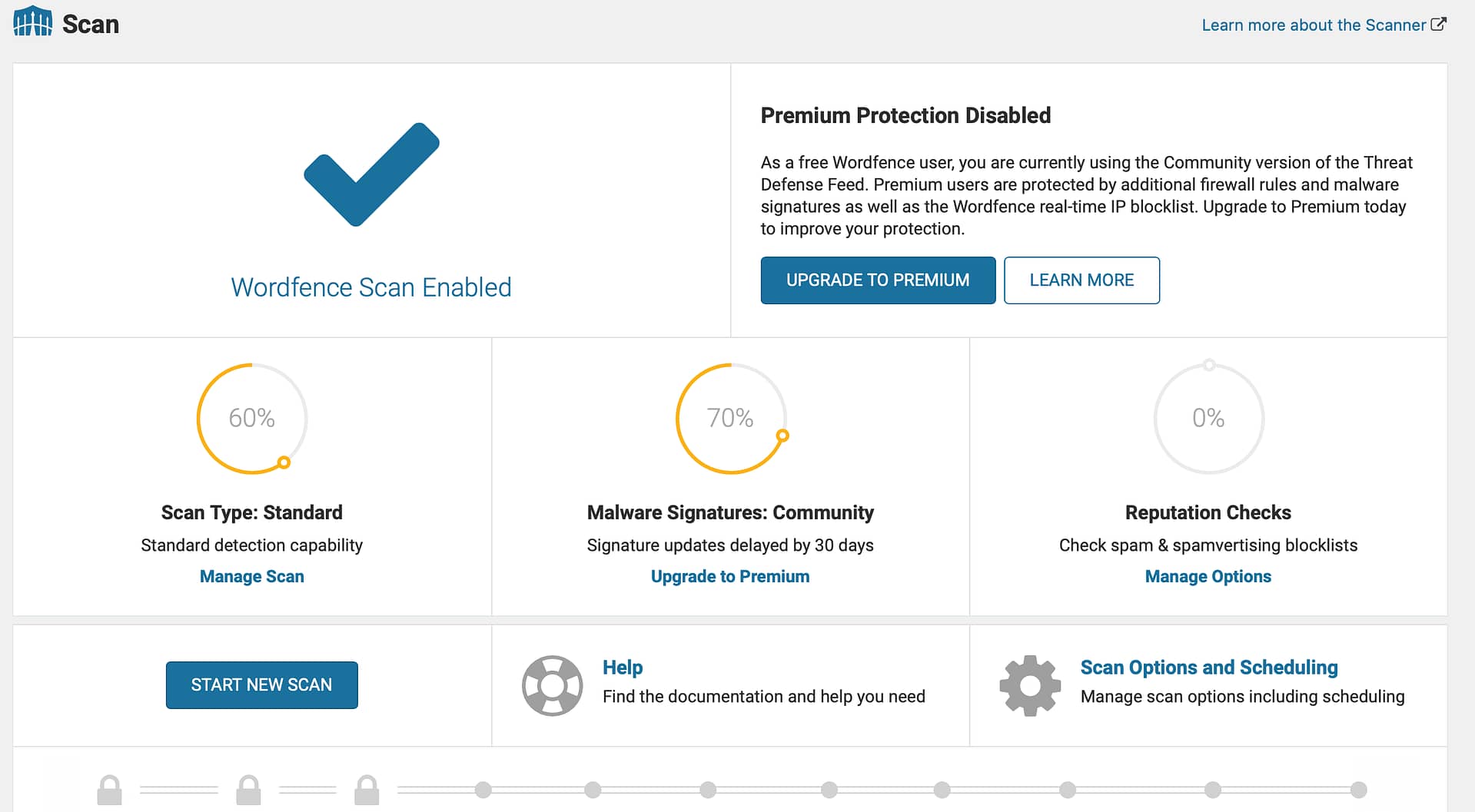 Malware Scanning options in the free version of Wordfence Security.