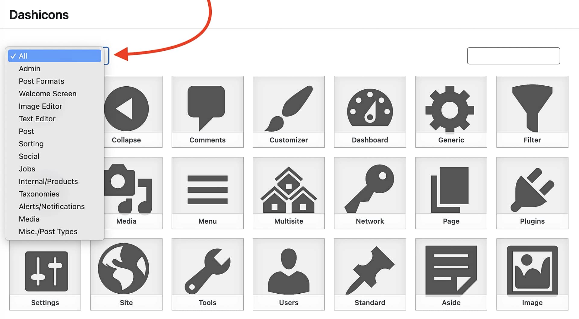 Searching for dashicons by category.