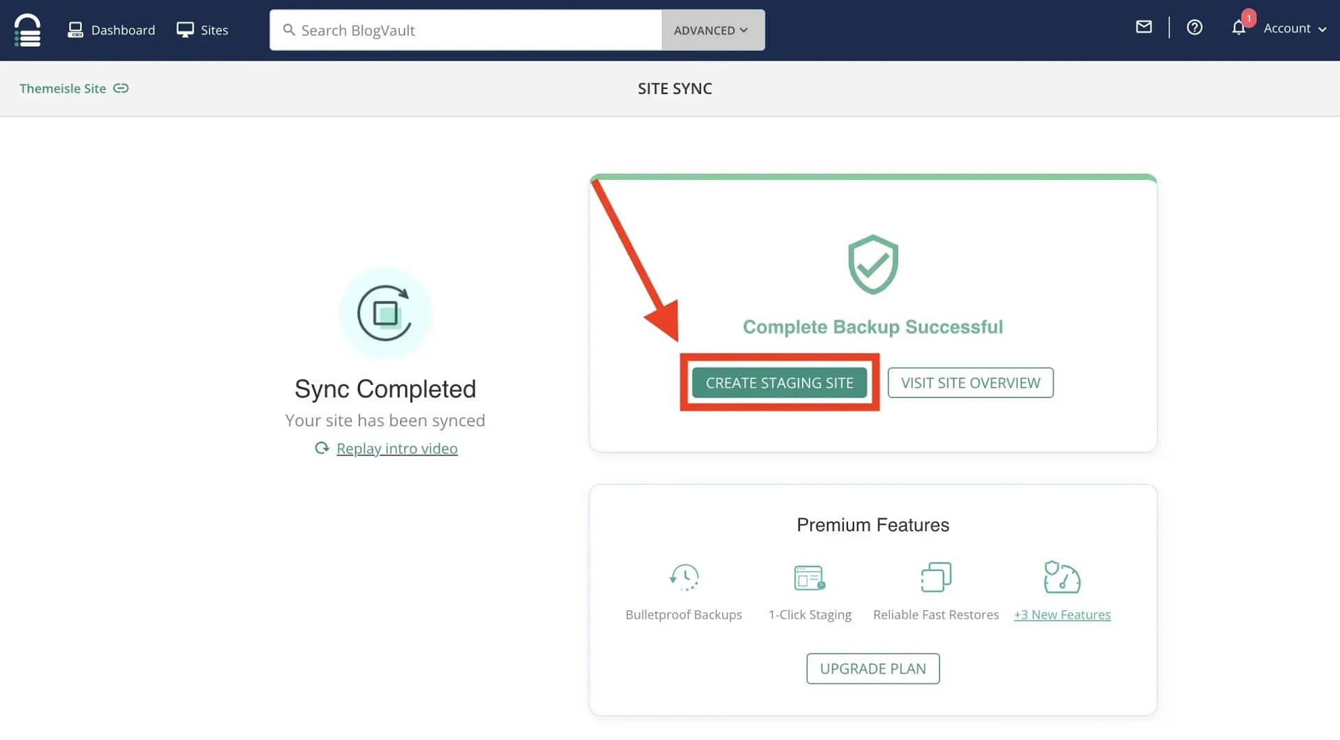 Creating a staging site inside BlogVault after site sync completes.