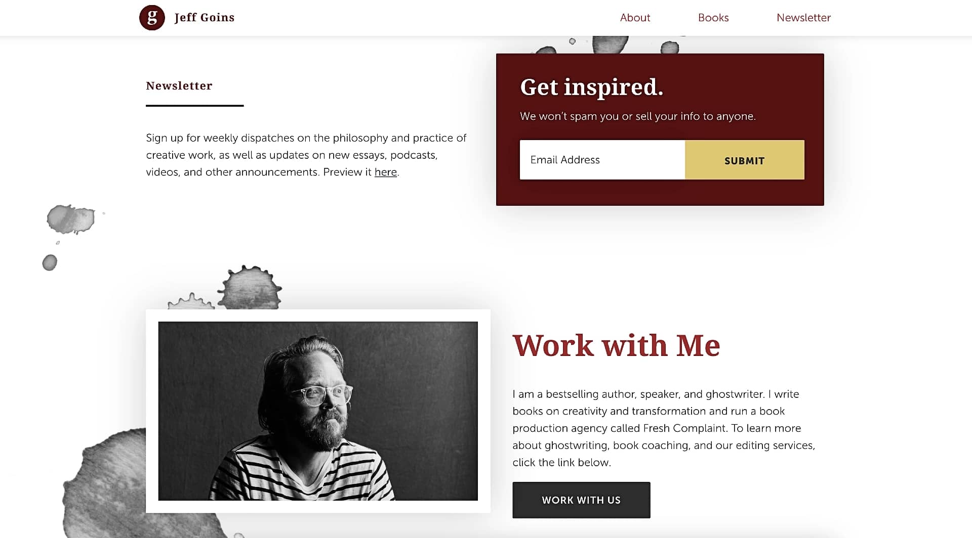 Jeff Goins' author website has a highly visible email sign up form.