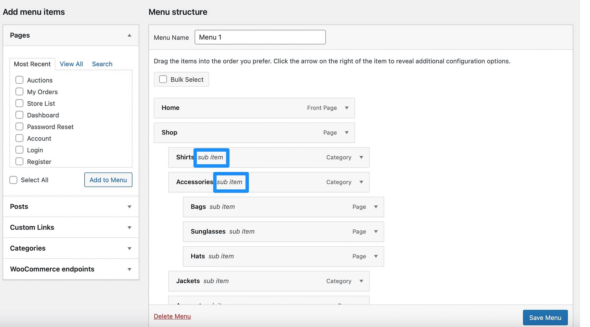 Add sub items to menu.