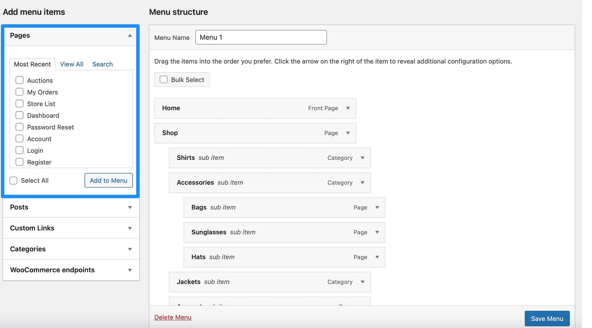 Edit a Menu on WordPress: Add new menu items.
