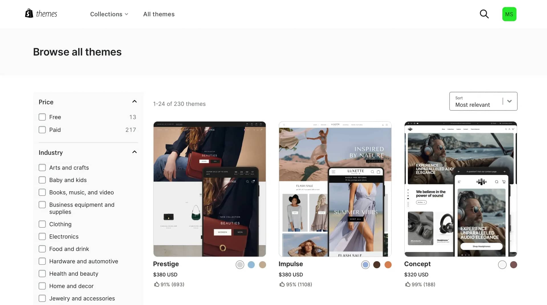 Choosing from various Shopify themes.