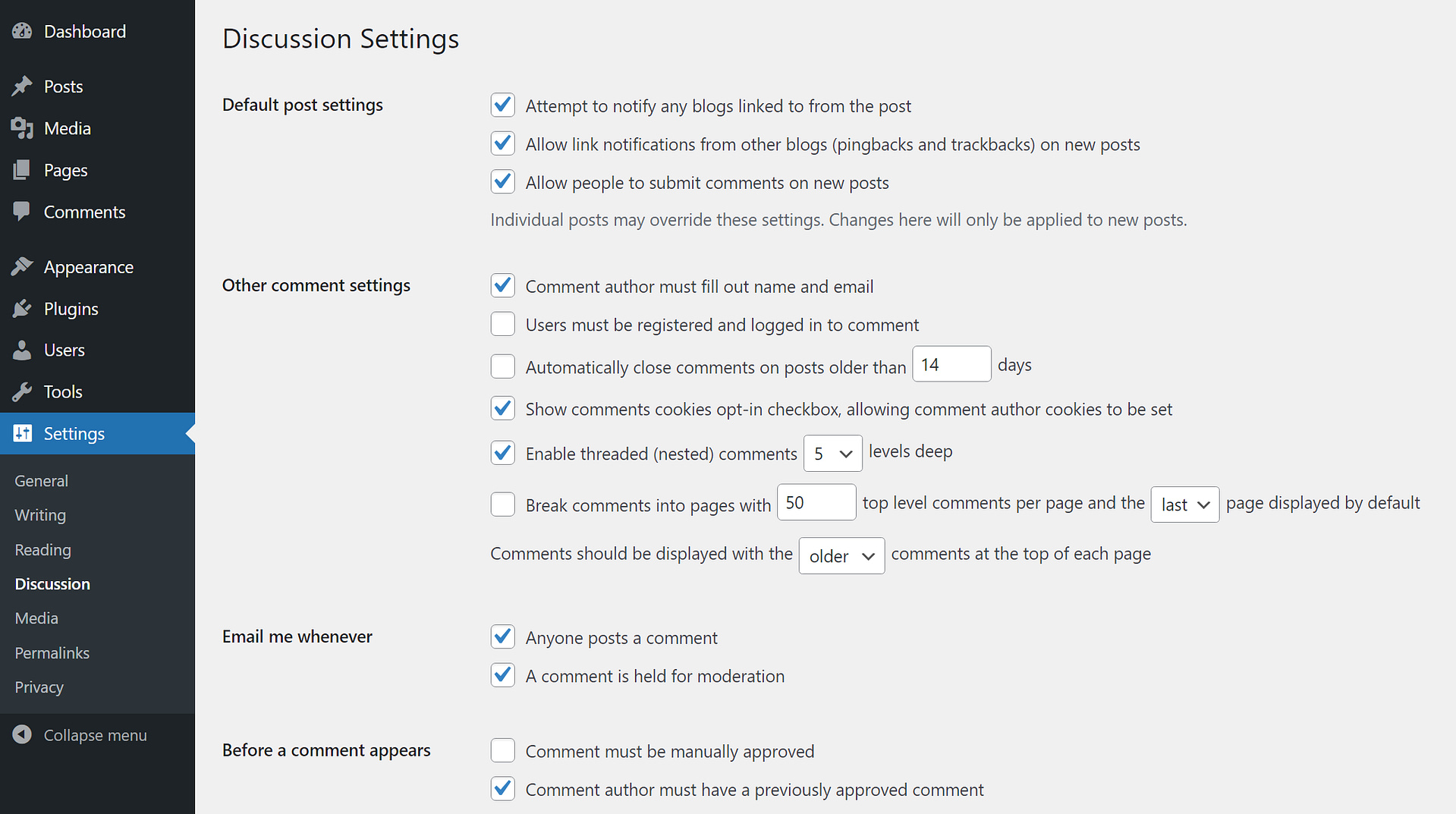 WordPress discussion settings.