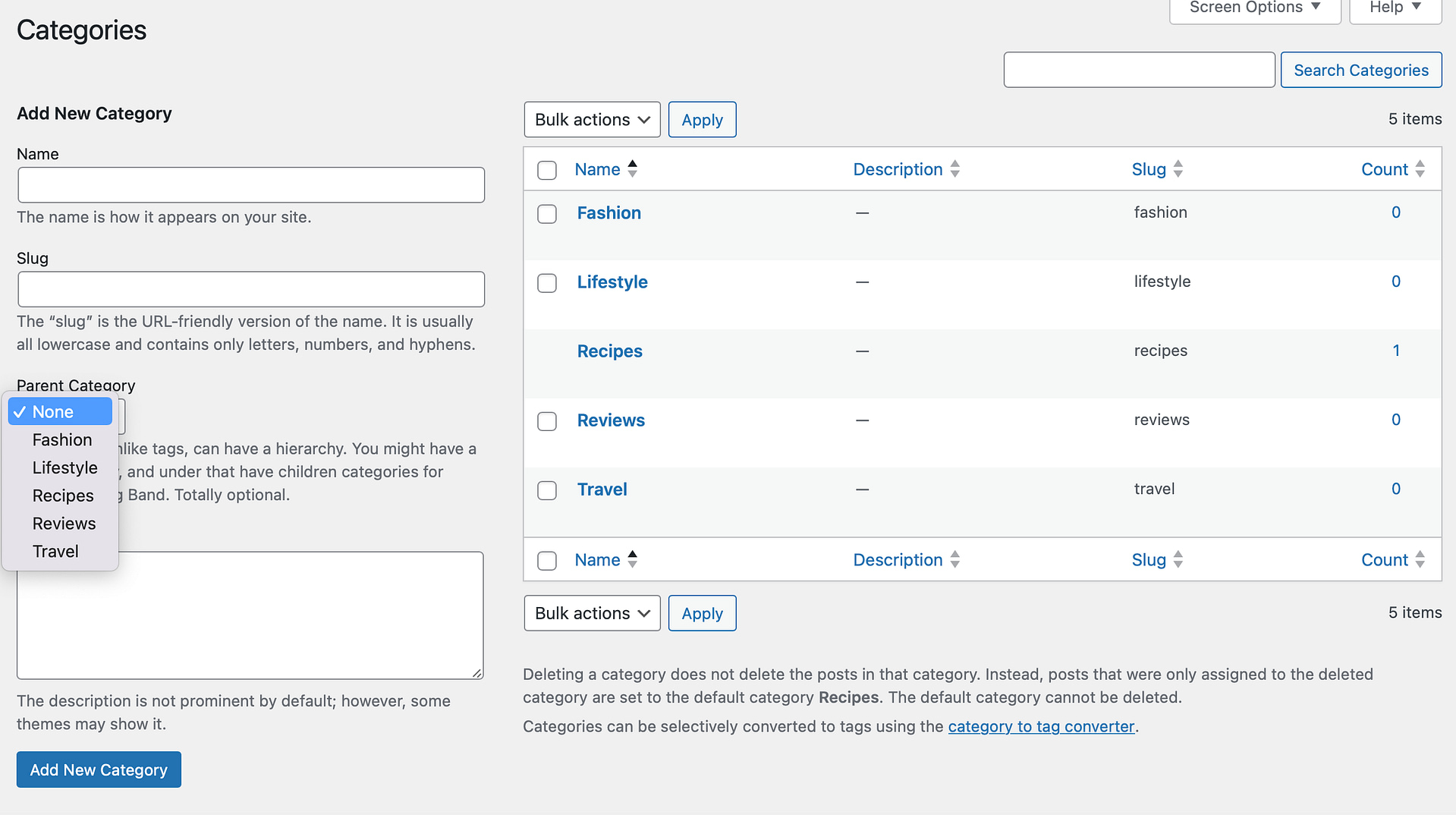 How to create subcategories in WordPress via the dashboard.