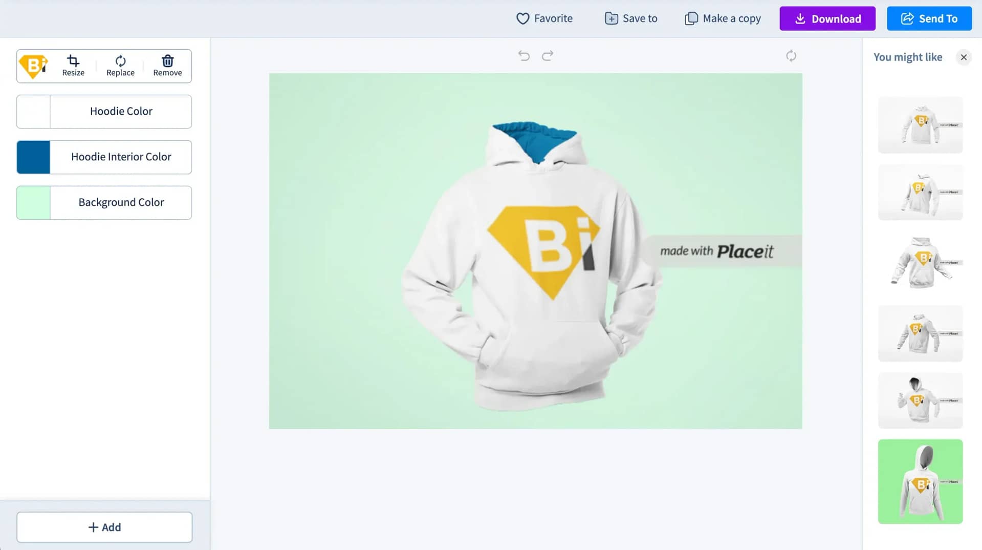 Hoodie product photo mockup with custom logo.