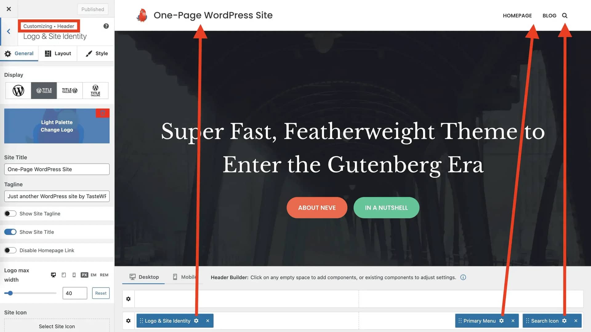 Showing the layout buttons in the Customizer corresponding to the header sections above.