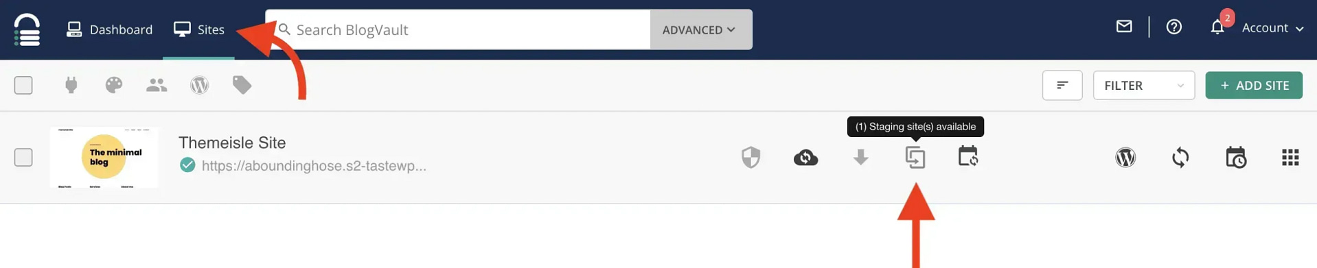 Accessing the staging site dashboard options in BlogVault.