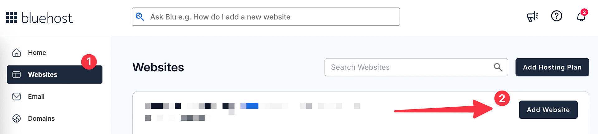 Bluehost add website