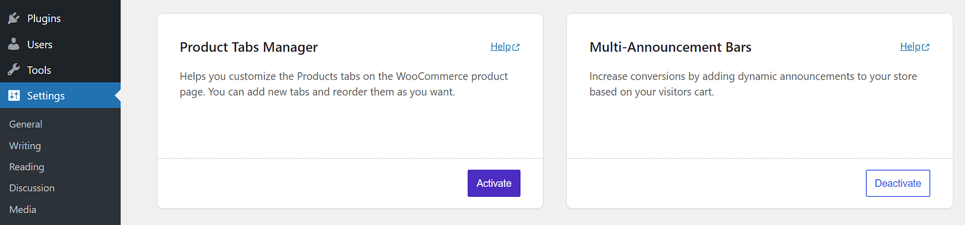 Activating the products tab manager in the Sparks WooCommerce settings.