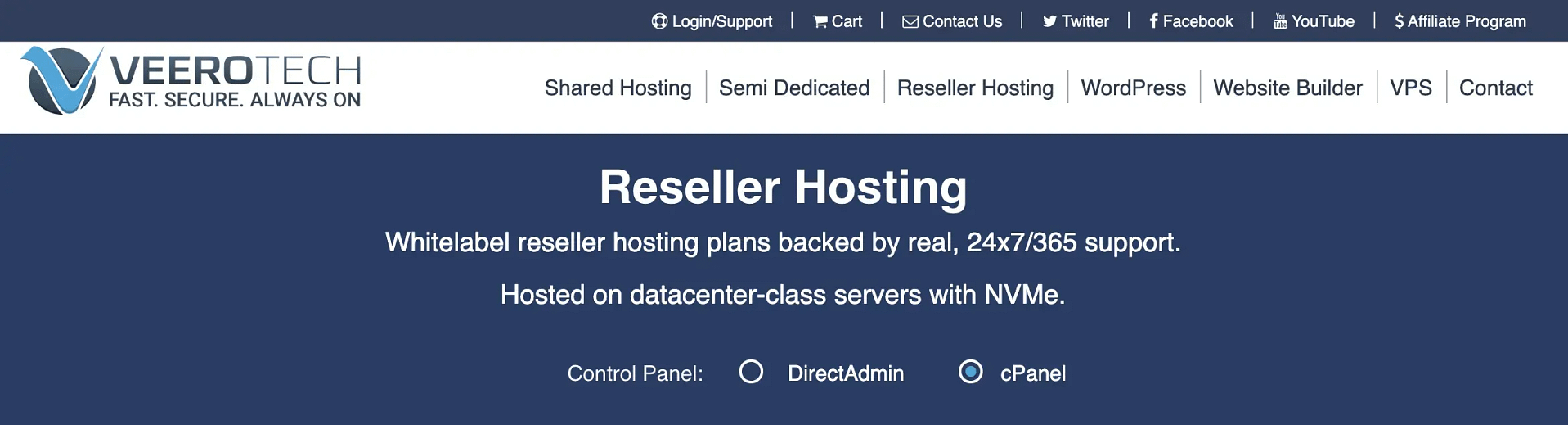 VeeroTech reseller hosting page.