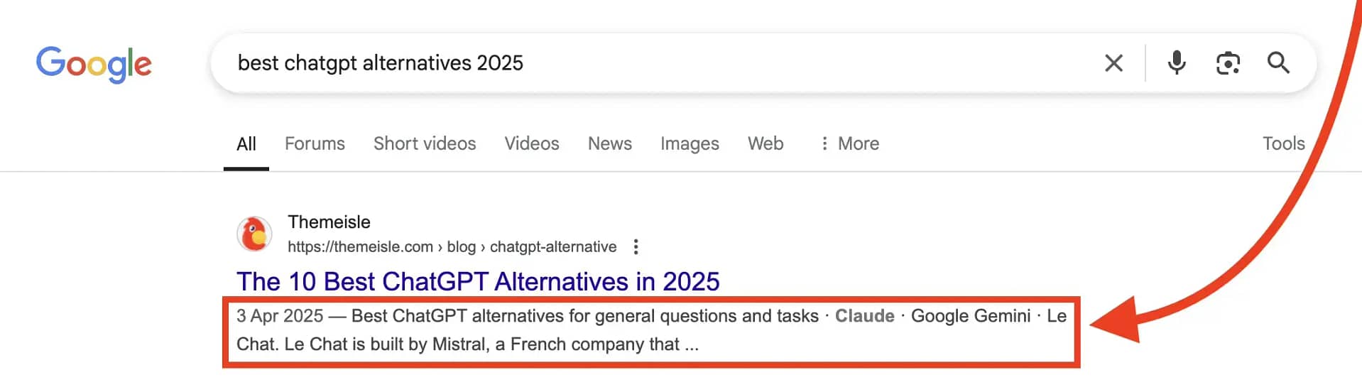 Example of a meta description in Google search results.