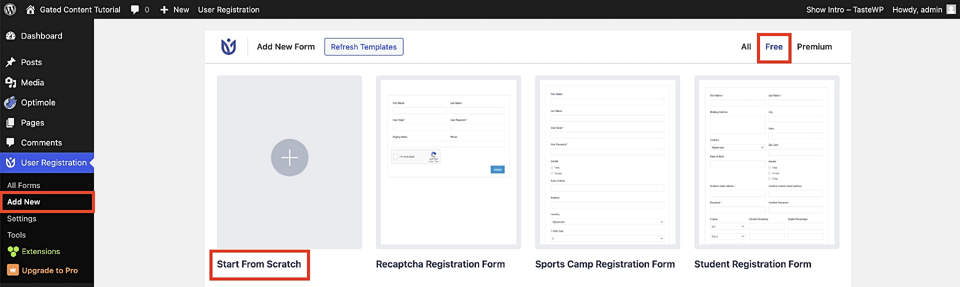 Adding a new form in the User Registration plugin.