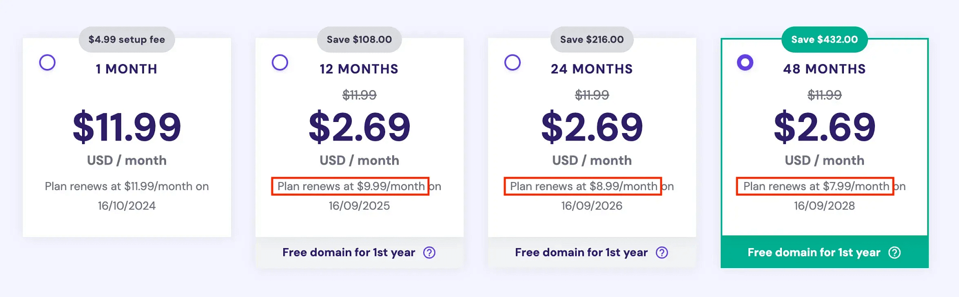 Hostinger rates for month-to-month, per year, every two years, and every four years.