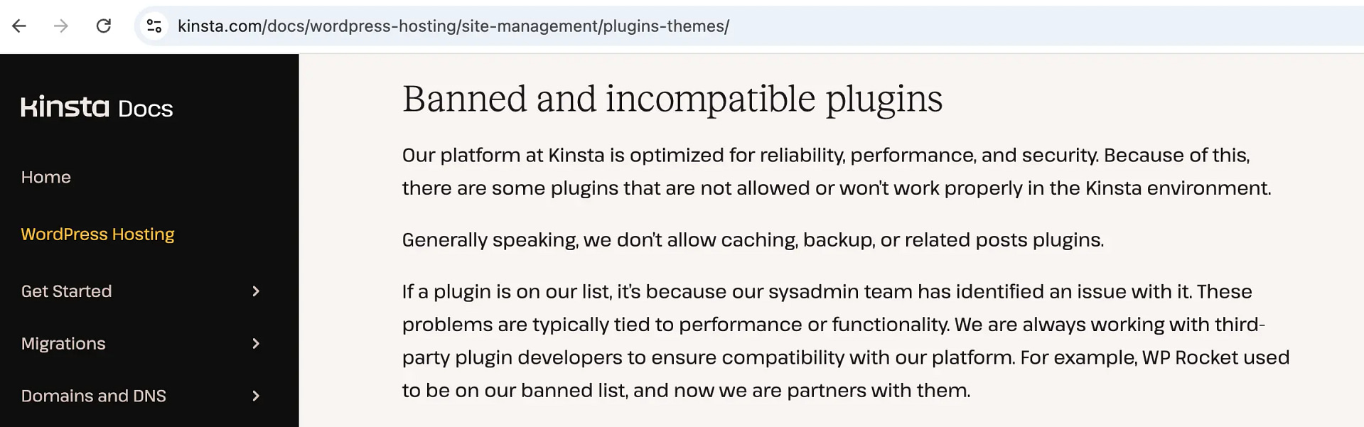 Banned plugins on Kinsta.