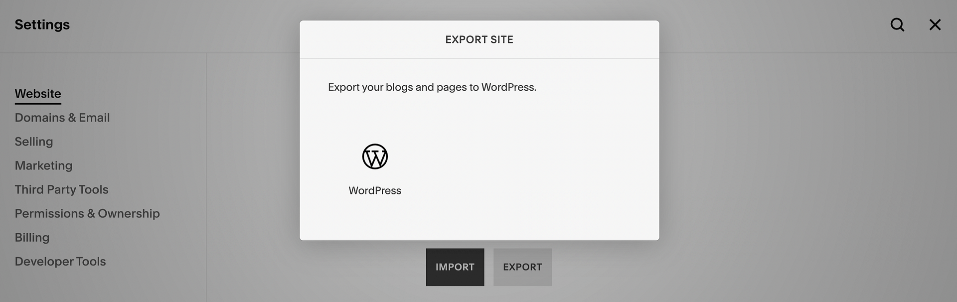 Select WordPress for exporting content from Squarespace
