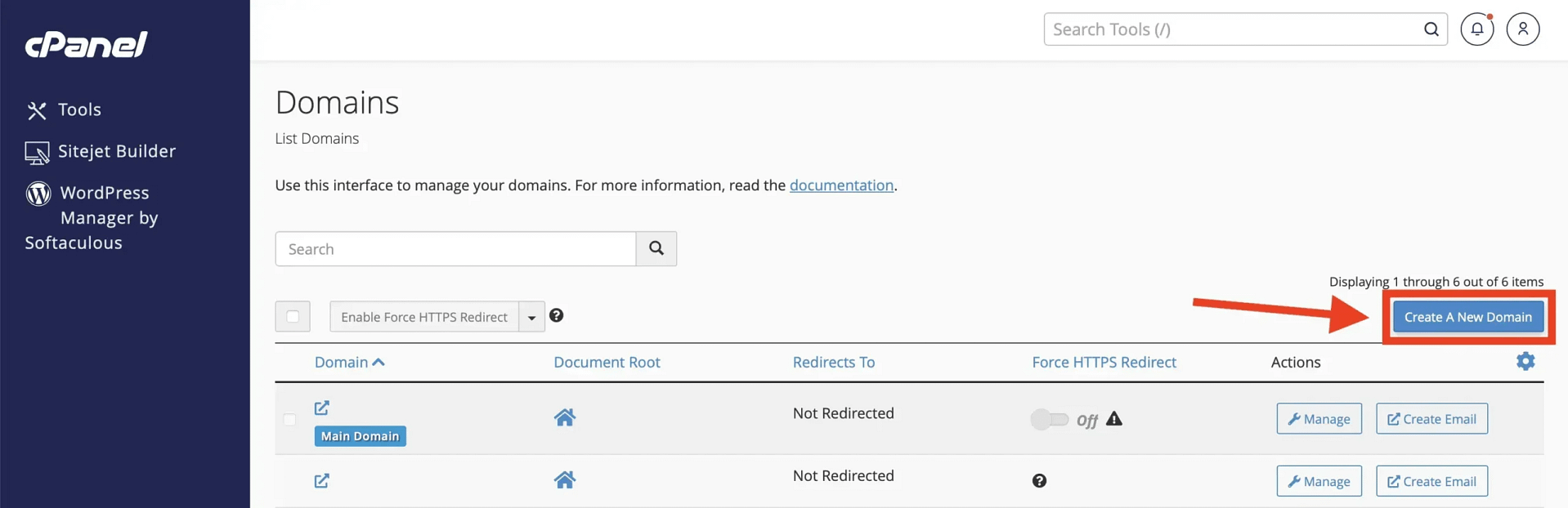 Clicking on create a new domain in cPanel.