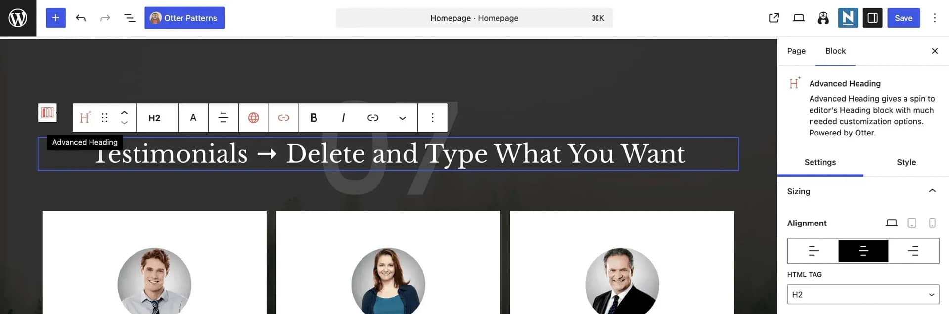 Editing an existing block inside the one page template.