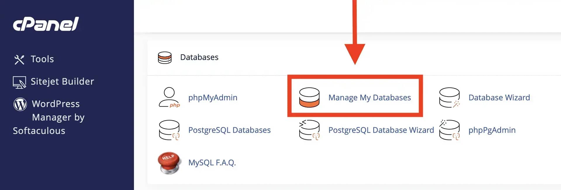 Clicking on Manage My Databases in cPanel.