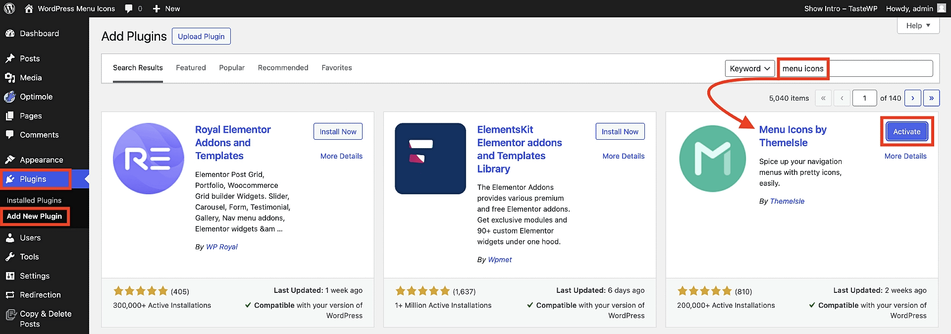 Installing and activating the Menu Icons plugin in the WordPress dashboard.