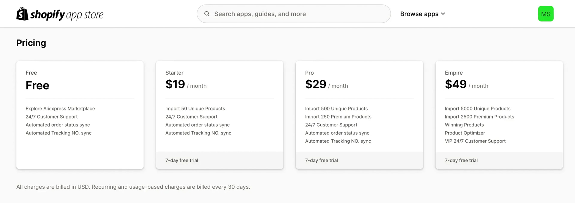 A Shopify app showing monthly billing options.