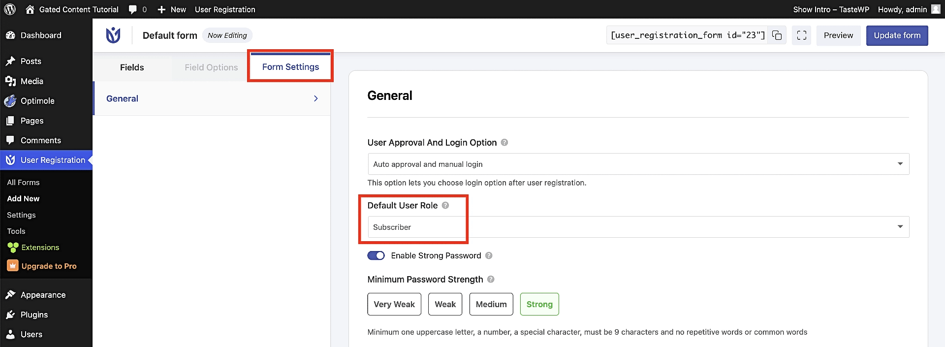 Setting default user role of new members.