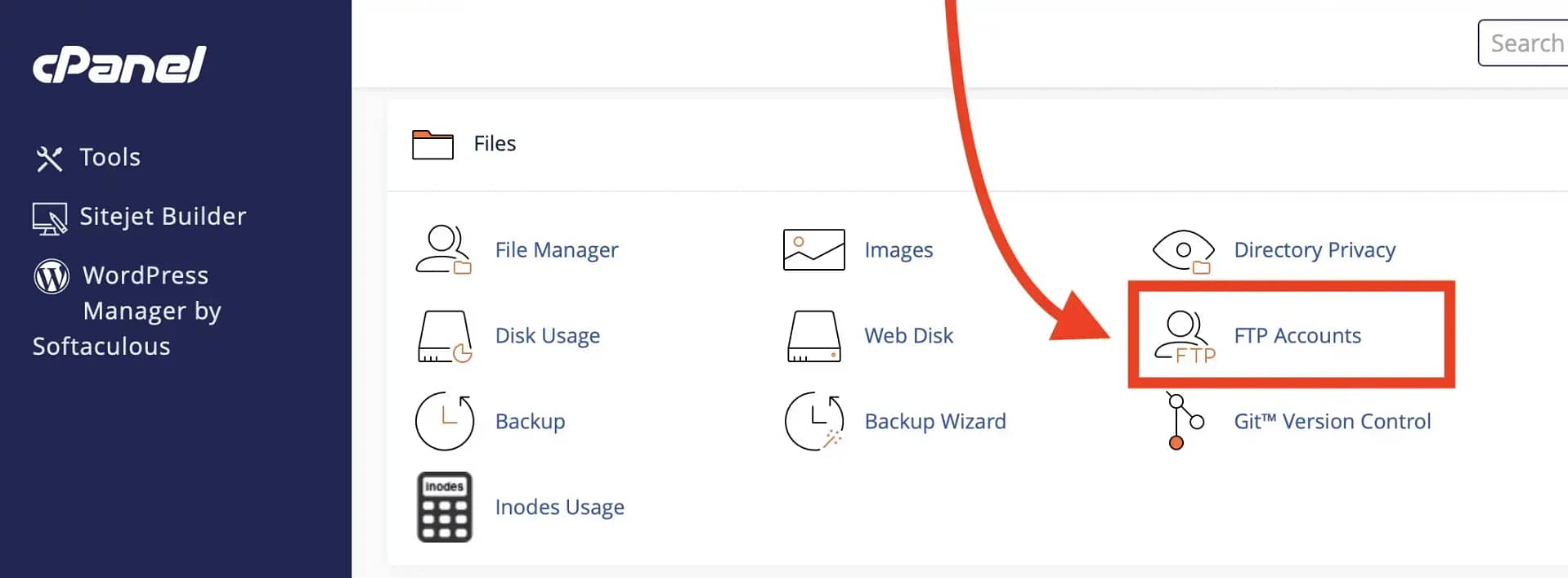 Accessing FTP accounts in cPanel.