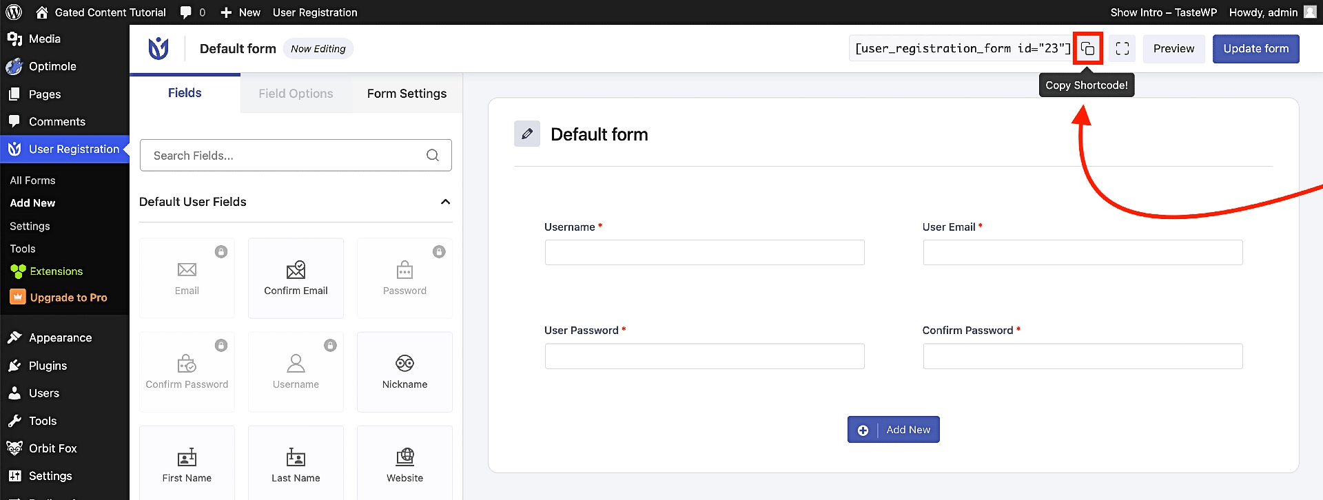 Copying the shortcode of the user registration form.