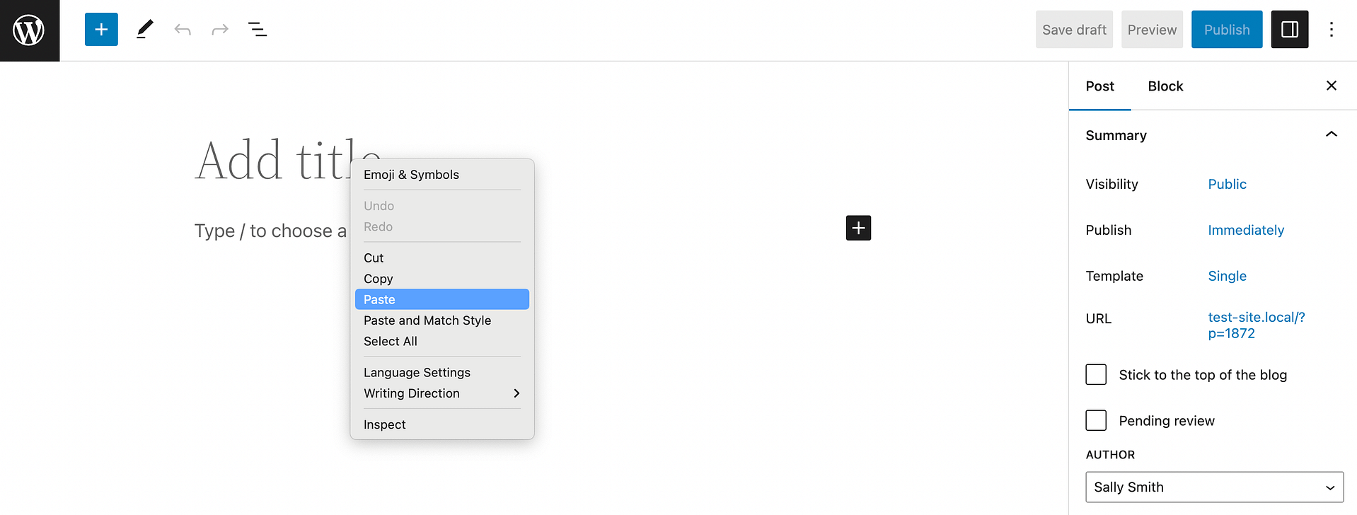 Right click to paste in WordPress.