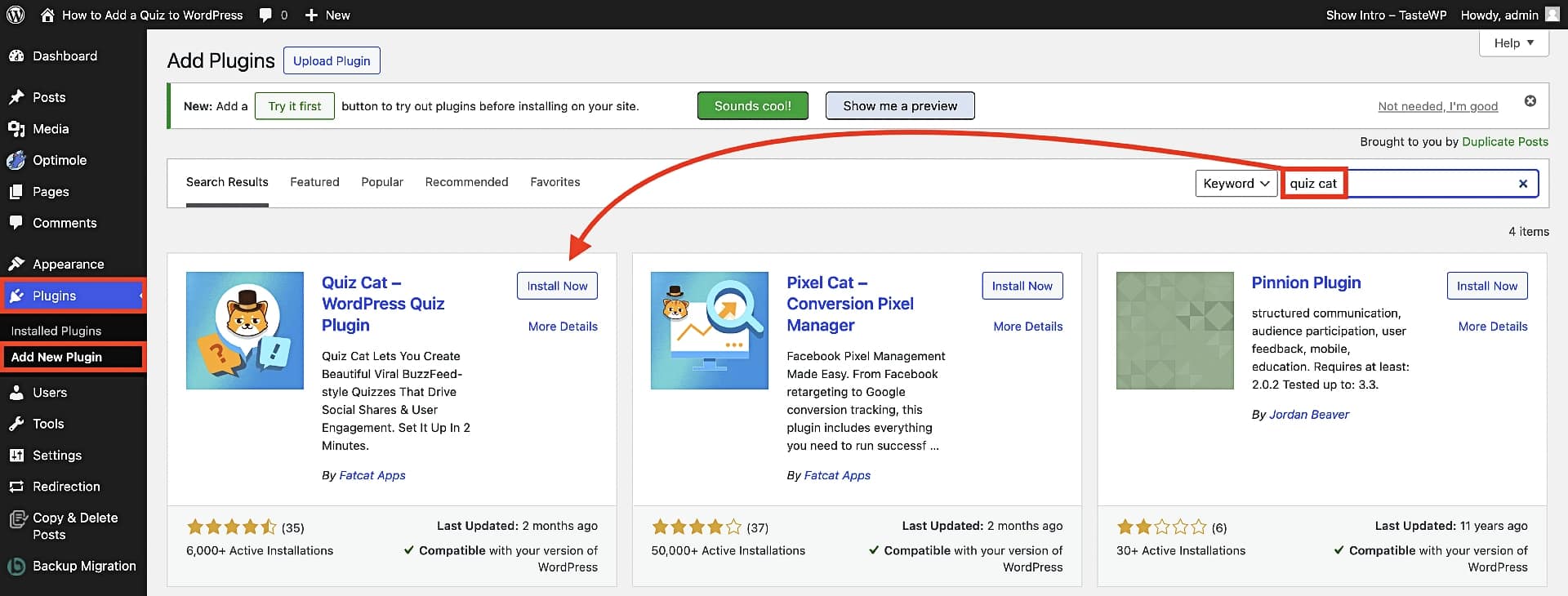 Installing the Quiz Cat plugin from the WordPress dashboard.