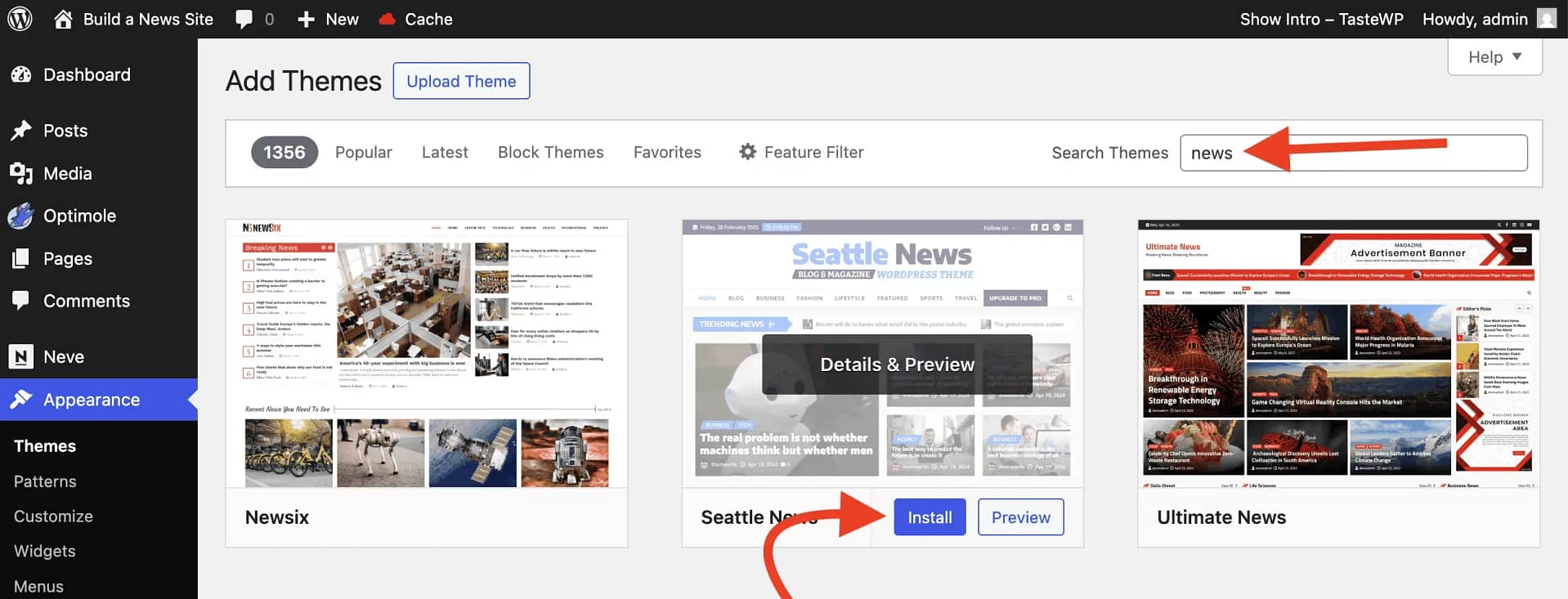 Searching for news WordPress themes and installing one inside wp admin.