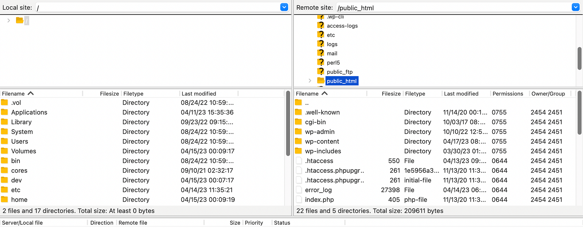 The WordPress root folder in FileZilla