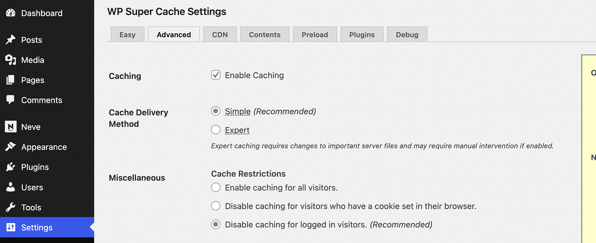 Advanced settings in WP Super Cache.