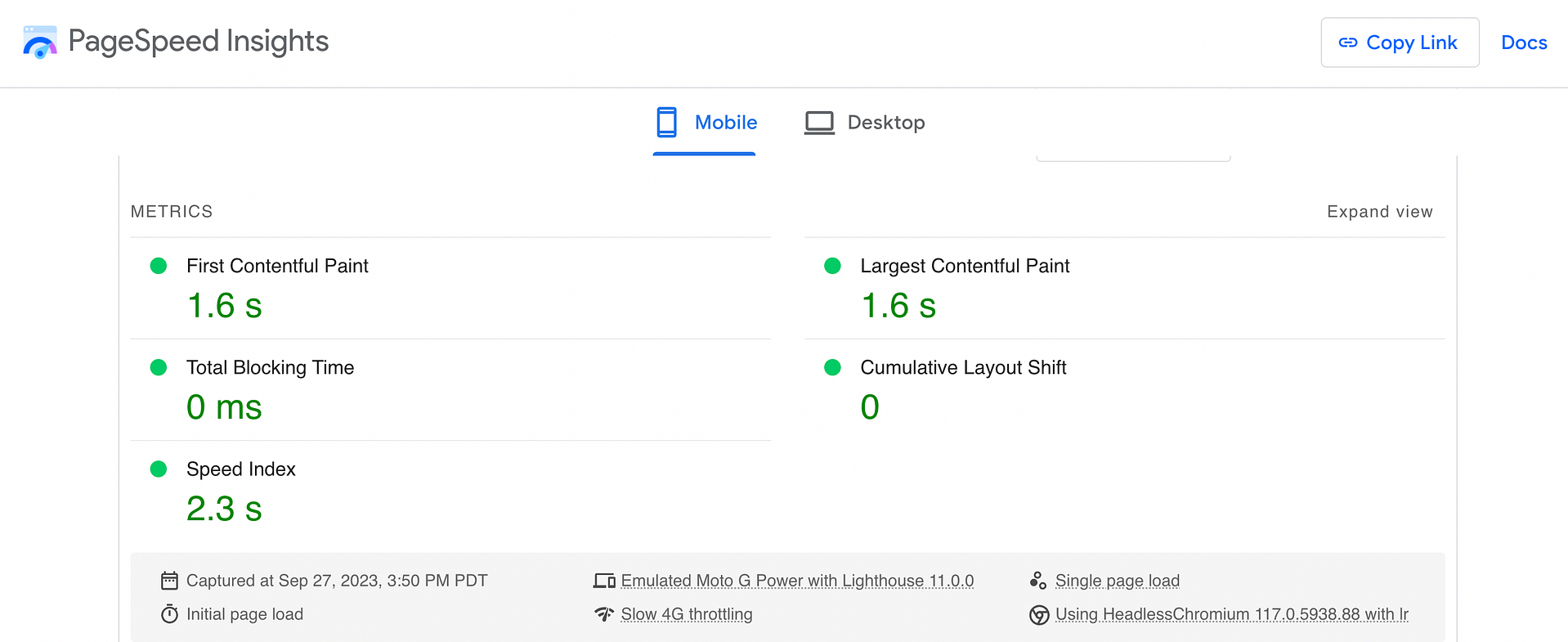 Base website's speed score results in PageSpeed Insights.