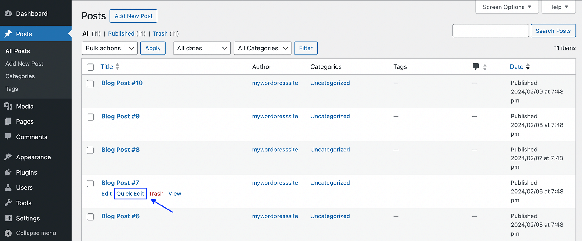 The Quick Edit option for WordPress posts