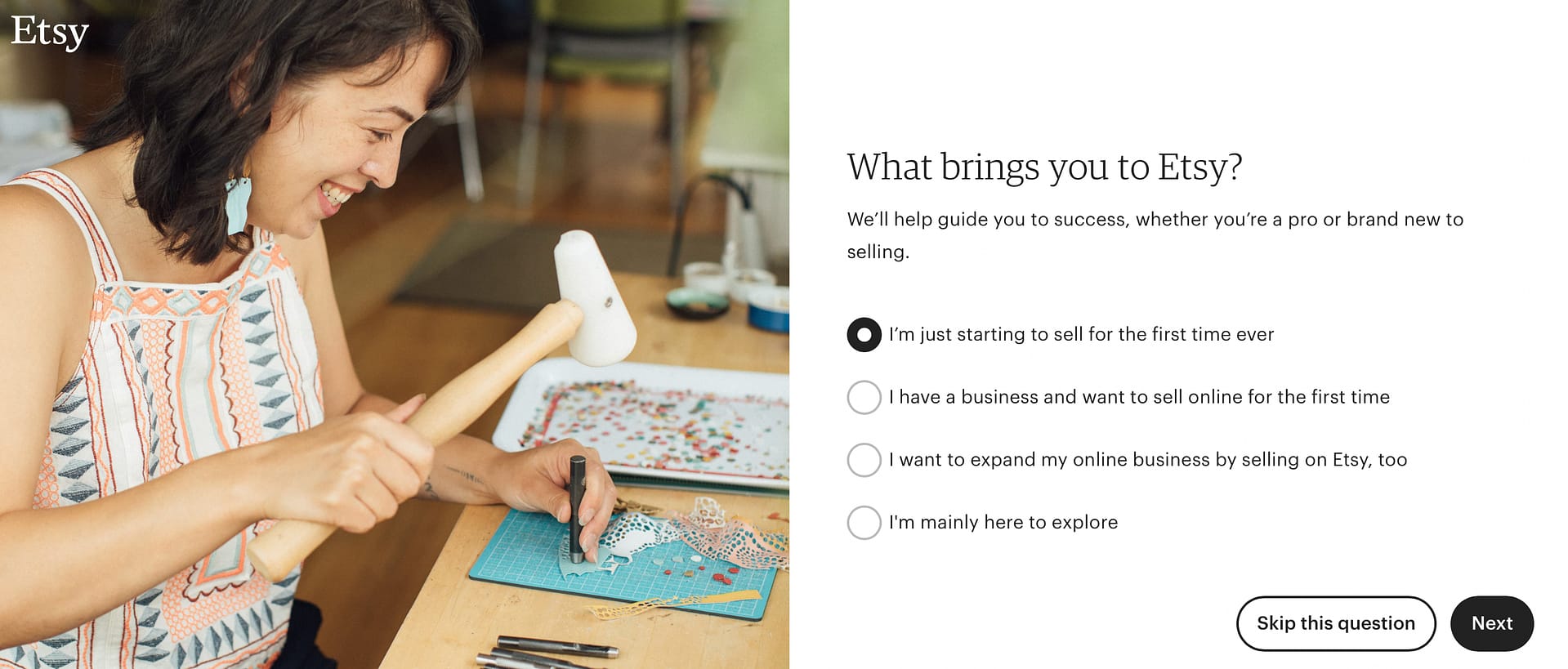 Etsy account setup "What brings you to Etsy" section.