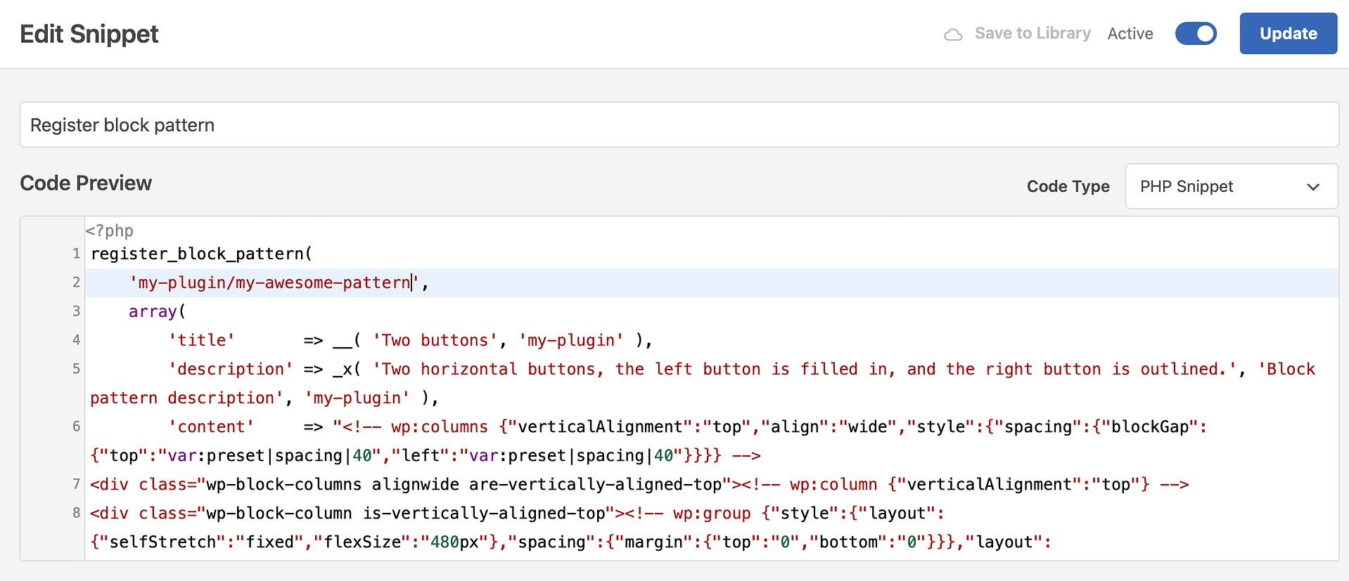 Activate custom snippet to register block pattern.