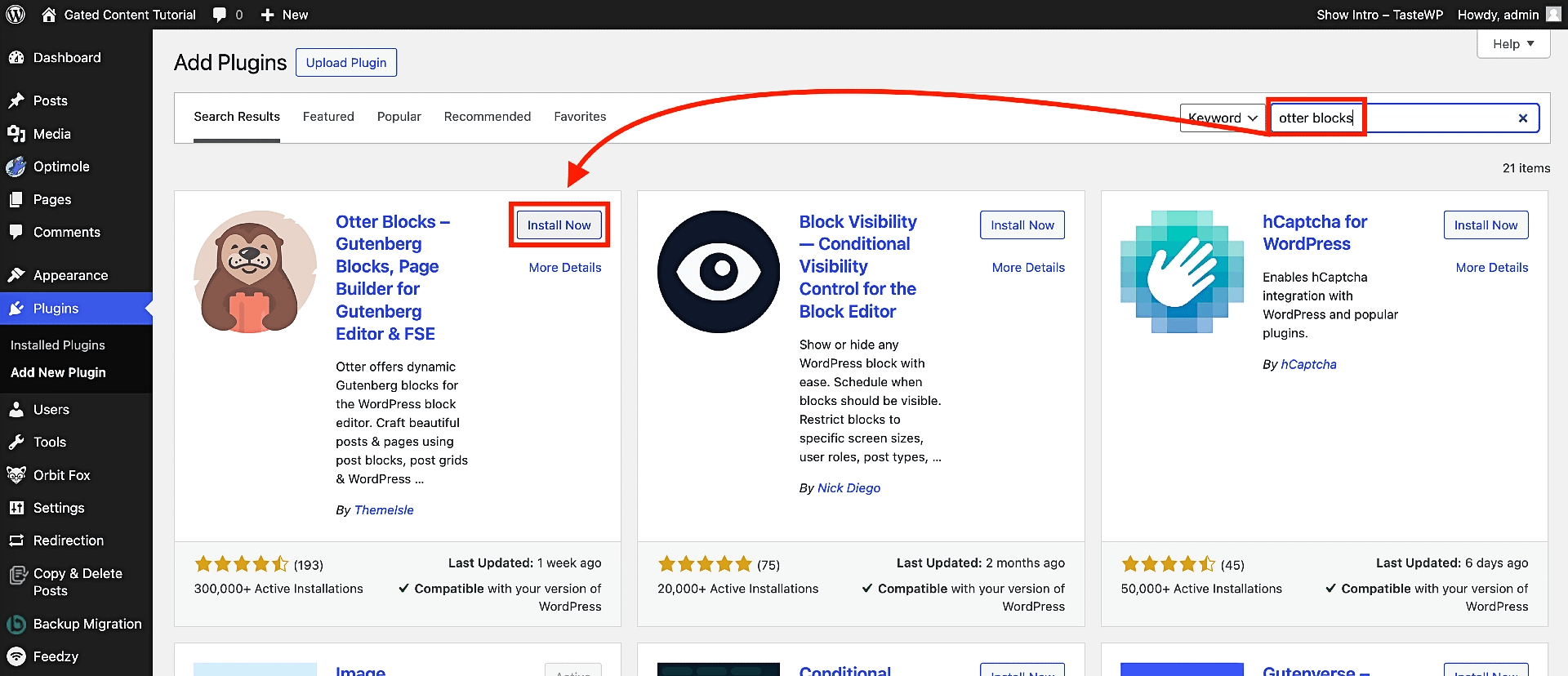 Searching for the Otter Blocks plugin inside the WordPress dashboard.