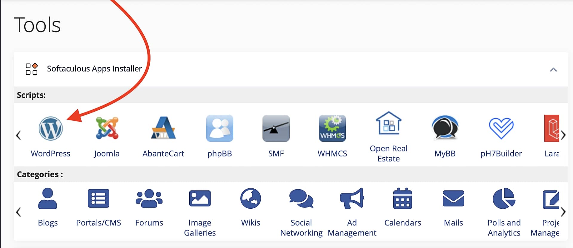 Showing WordPress install option inside of cPanel and the Softaculous Apps Installer.