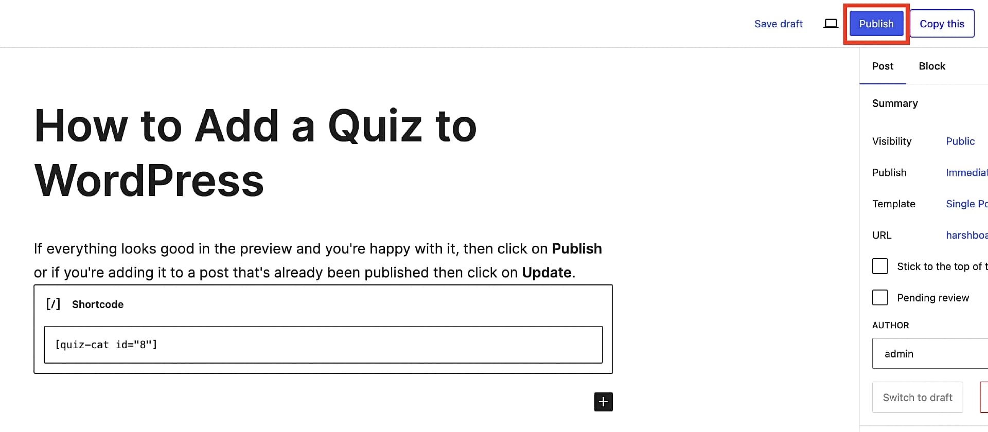 Publishing the WordPress quiz.