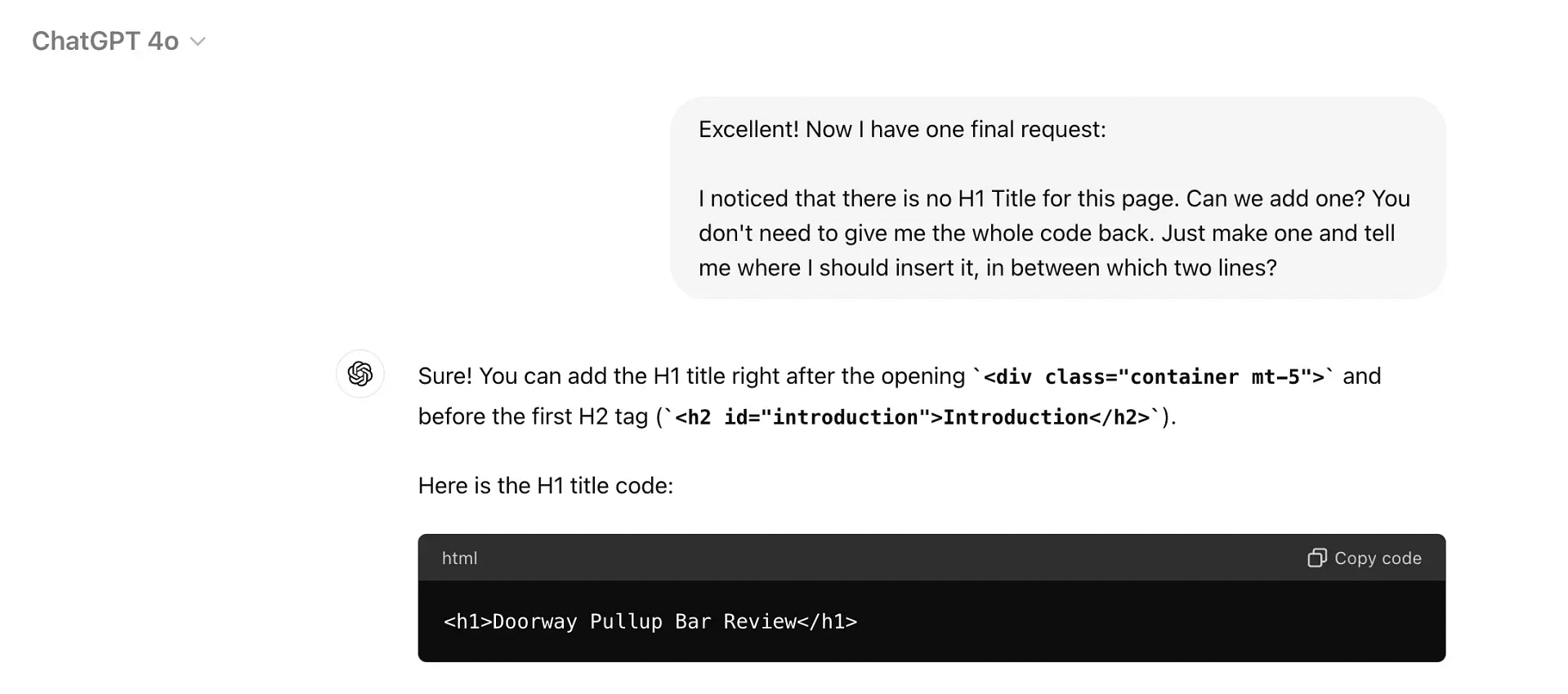 Asking ChatGPT to add an H1 title to the code.