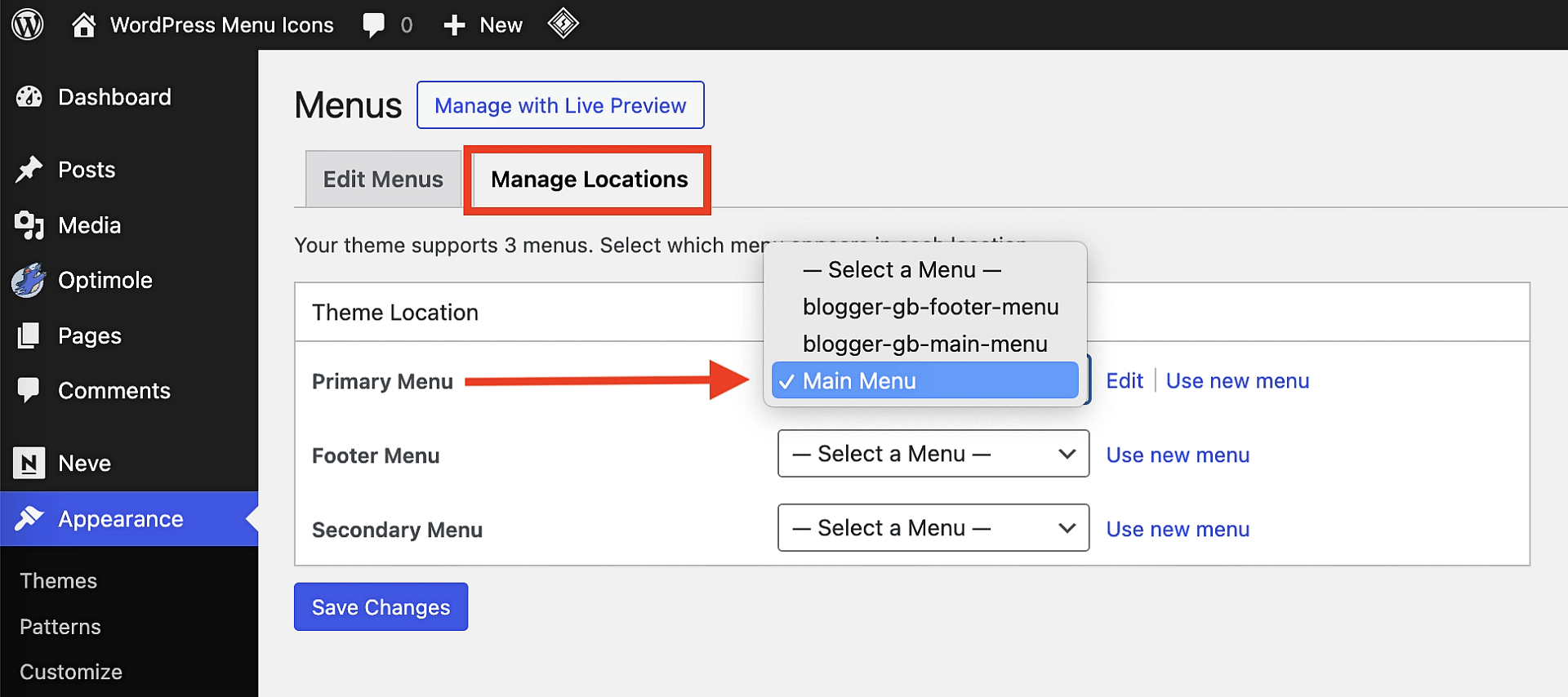 Managing menu location and ensuring that Primary Menu is set to Main Menu.