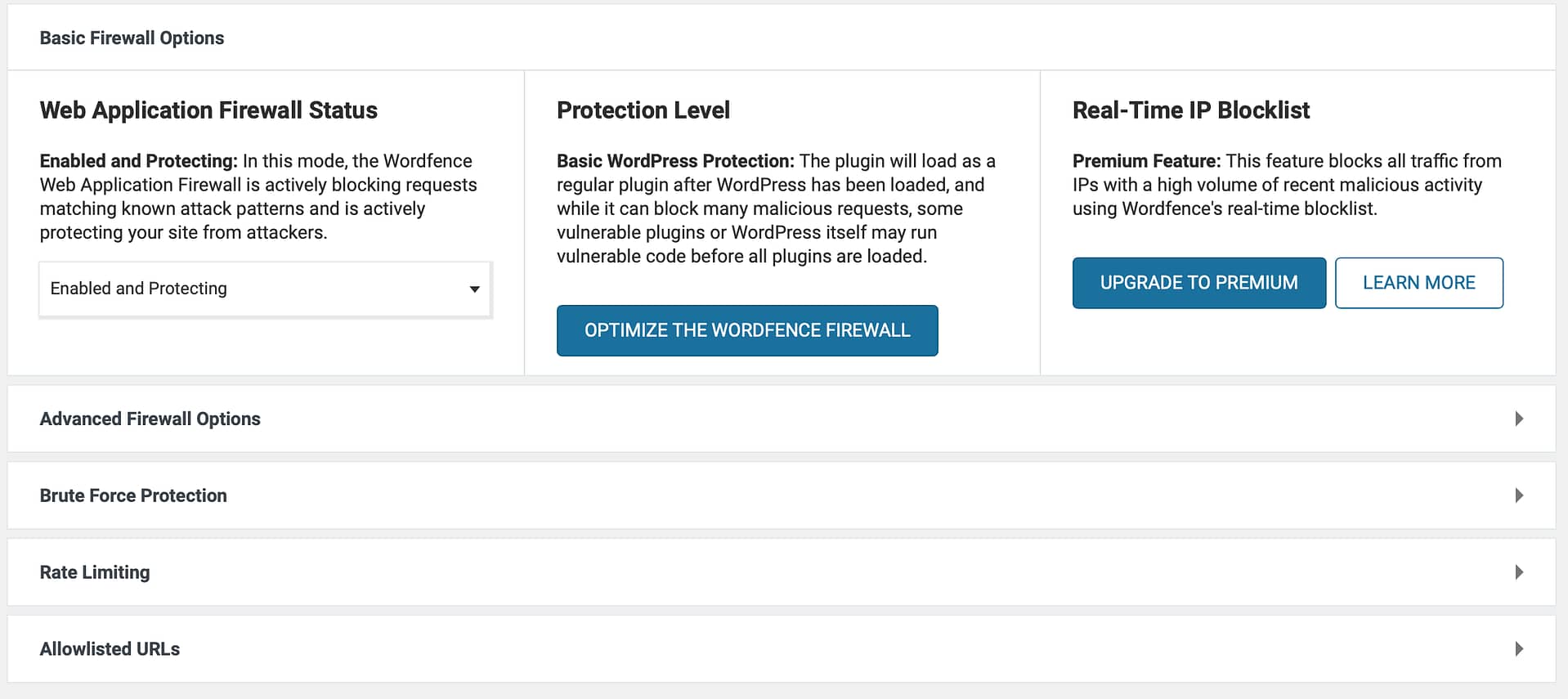 Wordfence Security basic firewall settings.